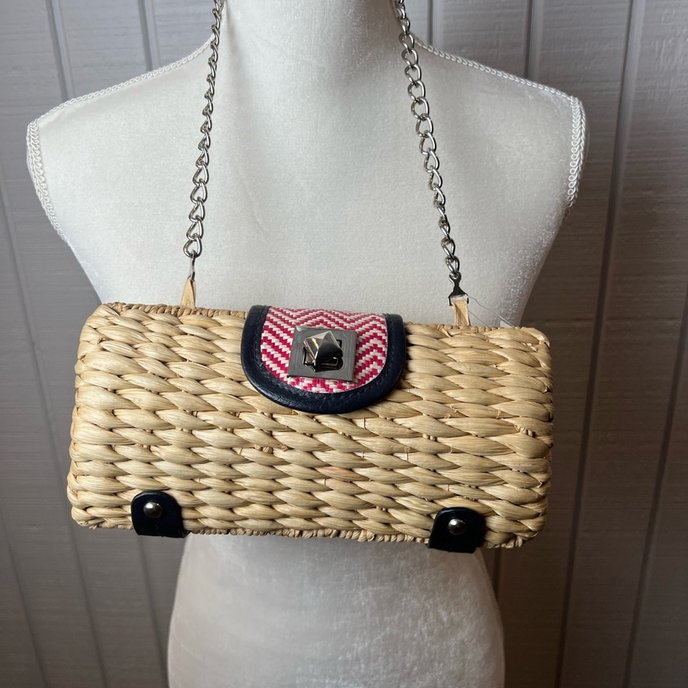 Straw studios weaved Ratan Shoulder Bag purse chain strap Pink , Tan , Navy NWT - Picture 1 of 10